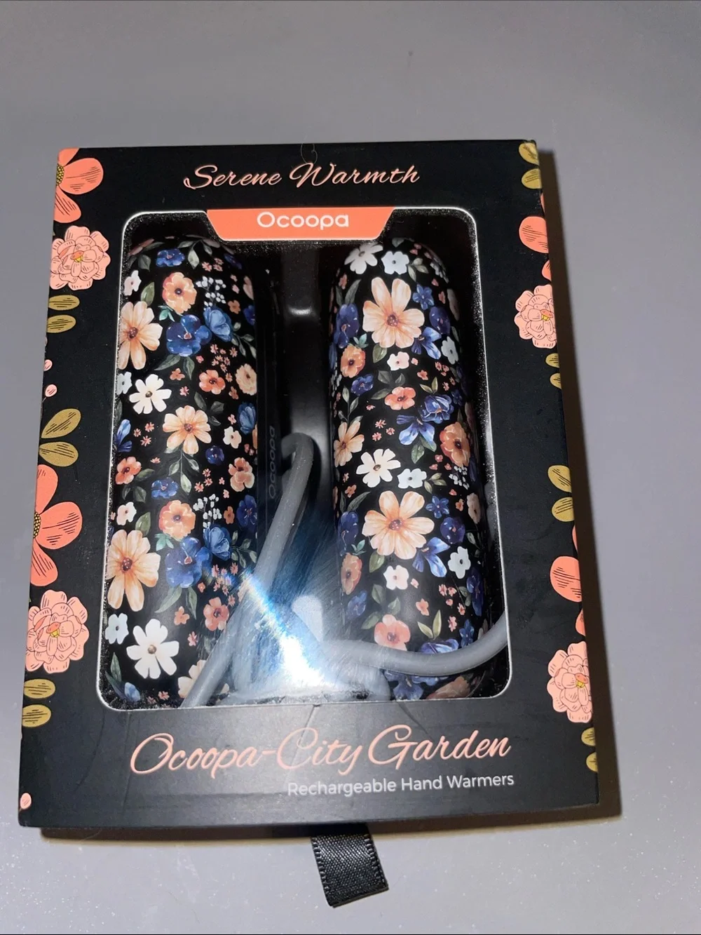 Floral Rechargeable Hand Warmers - Black with Pink & Blue Blossoms